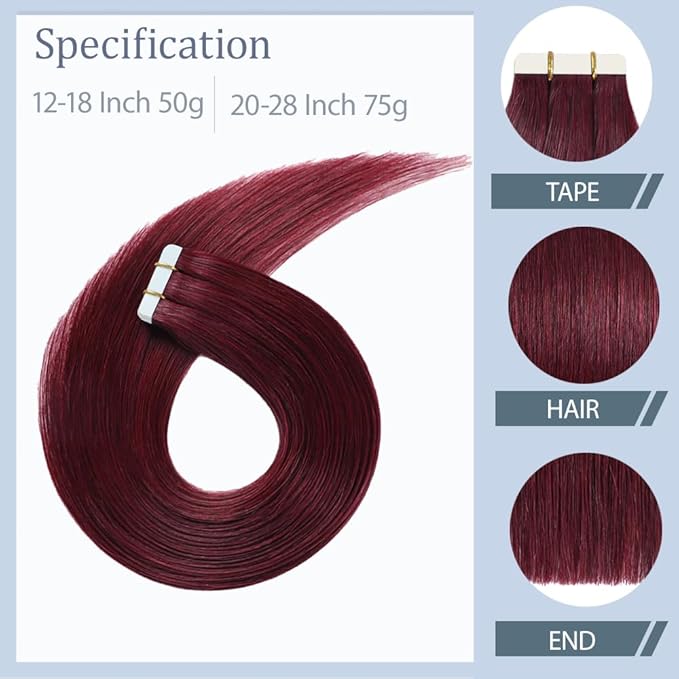 Tape In Hair Extensions 24 Inch HuxoWax 99J Straight Hair Extensions Double Weft Invisible Burgundy VirgIn Soft And Silky Remy Hair