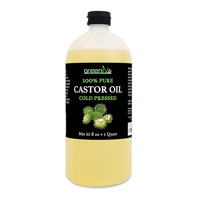GreenIVe Castor Oil Organically Grown 100% Pure 32oz Bottle Cold Pressed, Hexane Free, Eyelash and Eyebrow Growth Serum, Skin Moisturizer Detox and Wraps