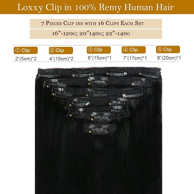 Loxxy Clip in Hair Extensions New Version Thickened Double Weft Brazilian Human Hair Thick Silky Straight Clip in Human Hair Extensions 20 Inch Jet Black #1 140g 7 pcs 16 Clips