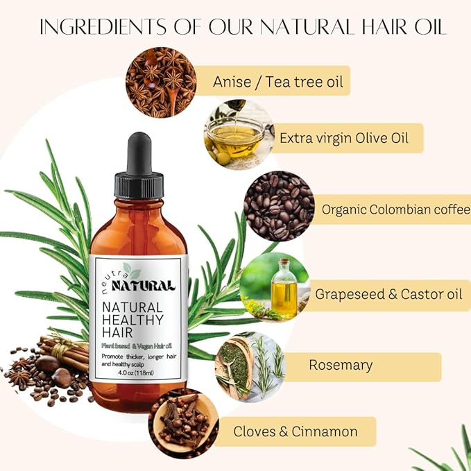 4Oz Plant Based Hair Oil. Neutral Natural Vegan Hair Oil, Tik Tok, Castor oil, Rosemary, Coffee, Cloves, Botanic Oil, Thicker Hair, Hair Growth,Veganic Clean Formula.