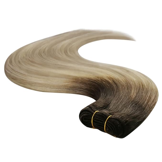 YoungSee 24Inch Weft Hair Extensions Real Human Hair Ombre Blonde Sew in Hair Extensions Dark Brown Base with Medium Ash Blonde and Light Blonde Highlights Hair Extensions Real Human Hair Weft 100G