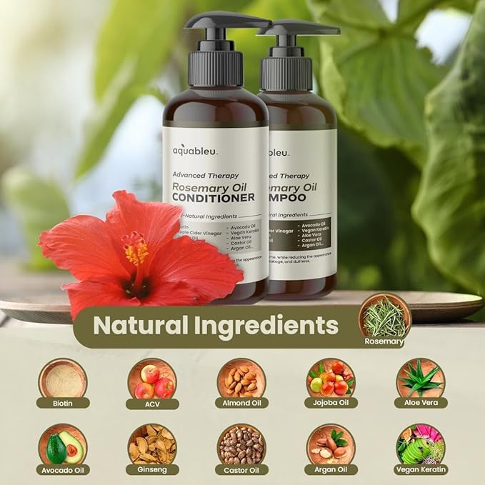 Advanced Therapy Anti-Thinning Rosemary Oil Shampoo & Conditioner Set - Infused with 14 All-Natural Ingredients for Volume, Strength, Thickness, and Dullness Reduction (16oz)