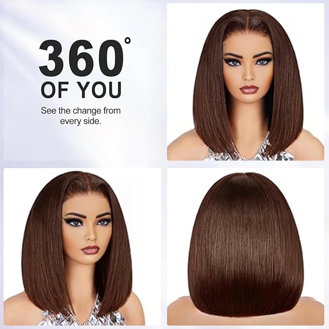 XZZ Chocolate Brown Wear and Go Glueless Wigs Human Hair Pre Plucked Pre Cut 16 Inch 9x6 Brown Bob Wig Human Hair Glueless HD Lace Closure Wig Short Bob Wig Bleached Knots 200% Density for Women