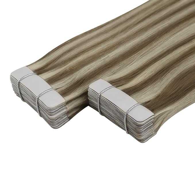 YoungSee Tape in Hair Extensions Human Hair Brown Highlight Tape ins Human Hair Extensions Highlight Light Brown with Blonde Seamless Tape in Extensions Human Hair for Short Hair 12 Inch 20pcs 30g