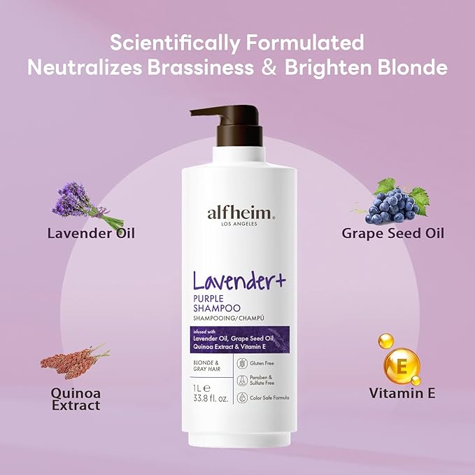 ALFHEIM Lavender+ Purple Brightening Shampoo | Deep Moisturizing, Hydrating & Smoothing | Color-Safe, Sulfate & Paraben-Free Formula, for Silver, Blonde & Highlighted Hair | 33.8 fl oz