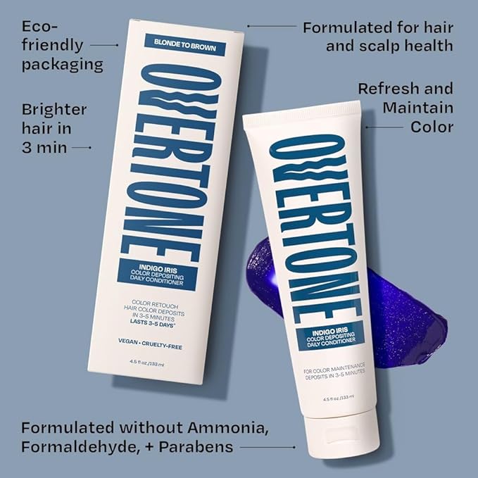 Overtone Daily Color Depositing Conditioner - 4.5 oz Temporary Coloring Conditioner w/Shea Butter & Coconut Oil - Refresh Color & Prevent Fading - Vegan & Cruelty-Free, Blue for Brown is Indigo Iris