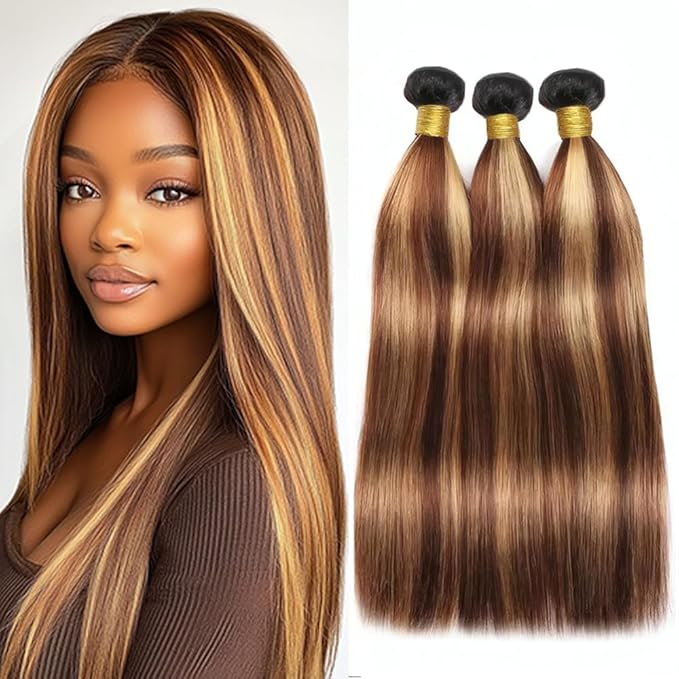 Ombre P427 Straight Bundles Highlight Straight Bundles Dark Brown and Honey Blonde Brazilian Human Hair Extensions Soft and Silky for Black Women 16 18 20 Inch