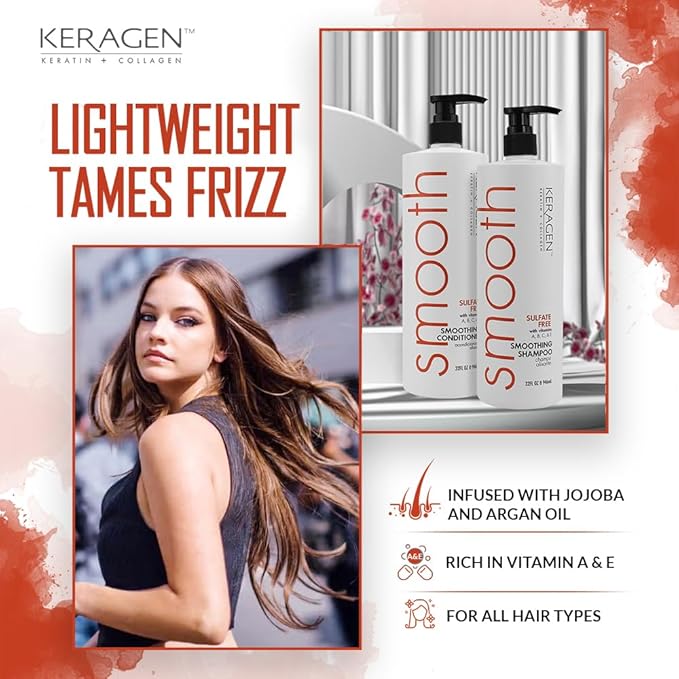 Keragen - Smoothing Shampoo and Conditioner with Keratin and Collagen for All Hair Types, Sulfate Free, 32 Oz - Moisturizes, Strengthens, Protects Color and Repair - Panthenol