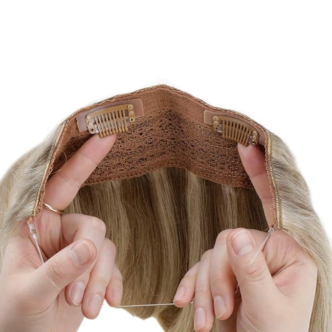 RUNATURE Invisible Wire Hair Extensions Real Human Hair, Fish Line Extensions for Women, Thick Wire Extensions to Add Volume, Soft Remy Hair, 18 Inch 80g #8P24 Ash Brown Highlight Bleach Blonde