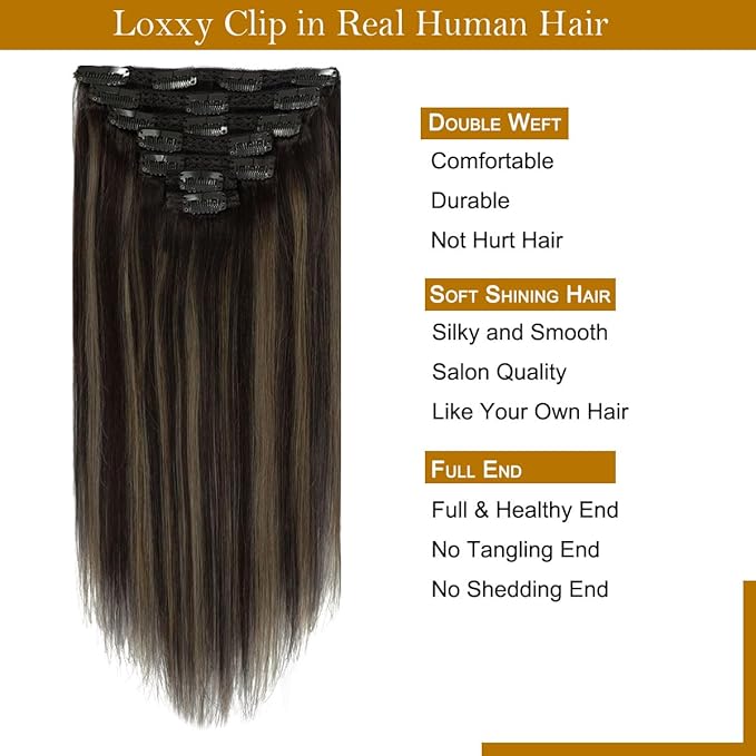 Loxxy Clip Hair Extensions for Women Human Hair Extensions Clip ins Black #1B Ombre Dark Brown #6 20inch Thick Natural Soft Human Clip in Hair Extensions 140g 7Pcs