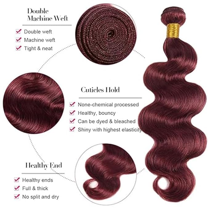 Wine Red Body Wave Bundles Human Hair Burgundy Color 99j Body Wave Bundles Brazilian Human Hair Weave Extensions Soft and Silky for Black Women 30 30 30 Inch