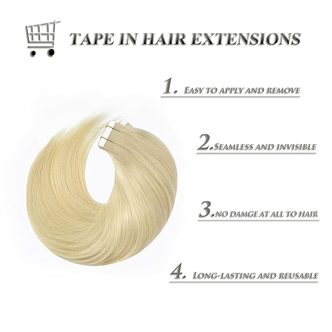 Anrosa Blonde Tape in Hair Extensions Human Hair 20 Inch 50g 20pcs Silky Skin Weft Platinum Blonde Color Remy Invisible Tape in Human Hair Extensions for Women Natural Straight Hair
