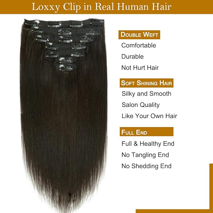 Loxxy 20 Inch Clip in Hair Extensions Human Hair Natural Black 9A Grade Brazilian Human Hair Extension Full Head Human Hair Extensions Clip in Remy Human Hair Color #1B 140g 7 pcs