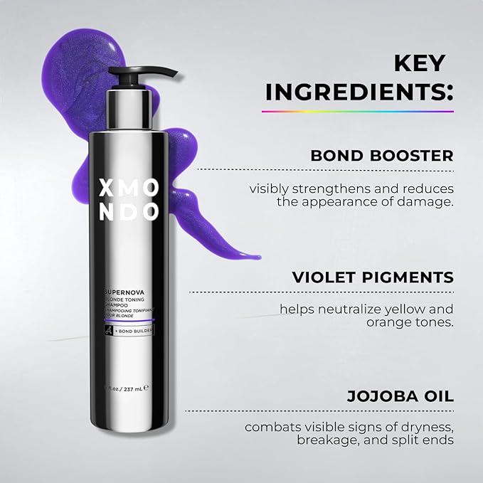 XMONDO Hair Supernova Blonde Toning Shampoo | Vegan Formula with Vegetable Proteins, Jojoba Oil, and Violet Pigments to Replenish, Restore, and Reduce Yellow Tones in Blonde Hair, 8 Fl Oz 1-Pack
