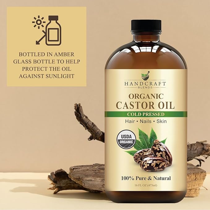 Handcraft Blends Cold-Pressed Organic Castor Oil in Glass Bottle - 16 Fl Oz - 100% Pure and Natural - Premium Grade Carrier Oil for Hair Growth, Eyelashes and Eyebrows - Hair and Body