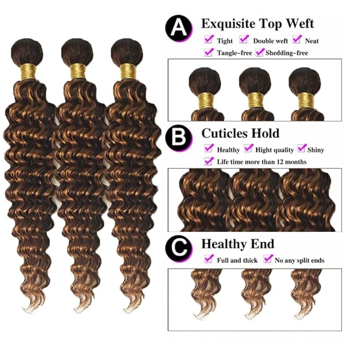 Brown With Highlight P1B30 Loose Deep Water Wave Bundles 1B and Light Brown Bundles two tone Brazilian Hair Extensions Soft and Silky for Women 14 16 18 Inch