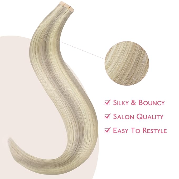 WENNALIFE Tape in Hair Extensions Human Hair Ash Blonde Highlighted Platinum Blonde Tape in Extensions, 10pcs 30g 22 inch Remy Invisible Tape Ins Straight Soft Real Human Hair Tape in Extensions