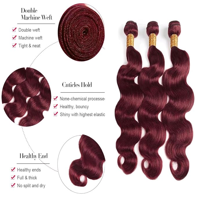 Burgundy Body Wave Human Hair Bundles 12 14 16 Inch Color 99J Body Wave Human Hair Bundles Dark Burgundy Hair Bundles Double Weft Unprocessed Brazilian Virgin Hair Extensions Silky and Soft