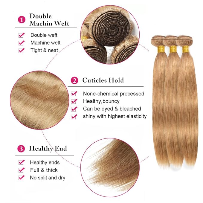 #27 Honey Blonde Bundles Human Hair Straight Bundles 24 26 28 Inch Unprocessed Brazilian Virgin Hair Weave 3 Bundle Blonde Human Hair Extensions 50 Grams Per Bundle