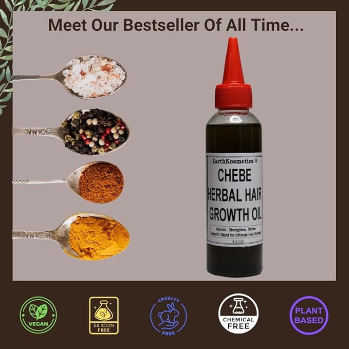 Chebe Herbal Hair Growth Oil is made with 18 Potent Oils including CHEBE and Karkar oil, and is effective for Hair Growth, Strength, Hydration & Scalp Nourishment