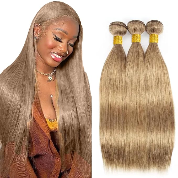 #22 Blonde Bundles Human Hair Straight Bundles 22 24 26 Inch Human Hair Weave 3 Bundle Unprocessed Brazilian Virgin Hair Ash Blonde Straight Human Hair Extensions 50 Grams/Bundle
