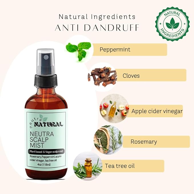 Natural Anti-Dandruff Scalp Tonic-Peppermint oil-Apple cider Vinegar- Mist for Itchy & Dry Scalp - Rosemary Water Hair Growth with Cloves, Scalp Spray to reduce Dandruff, Psoriasis,Neutral Natural