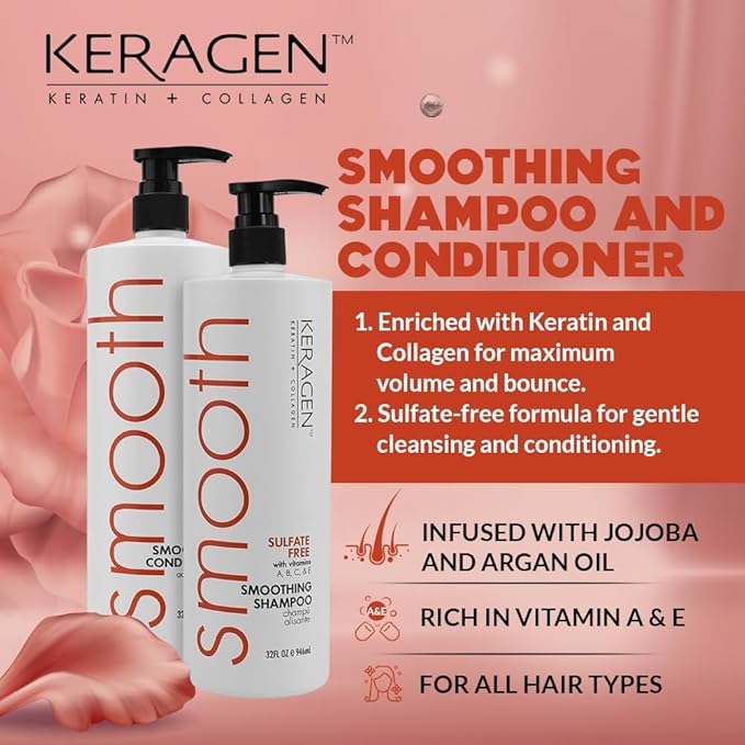 Keragen - Smoothing Shampoo and Conditioner with Keratin and Collagen for All Hair Types, Sulfate Free, 32 Oz - Moisturizes, Strengthens, Protects Color and Repair - Panthenol