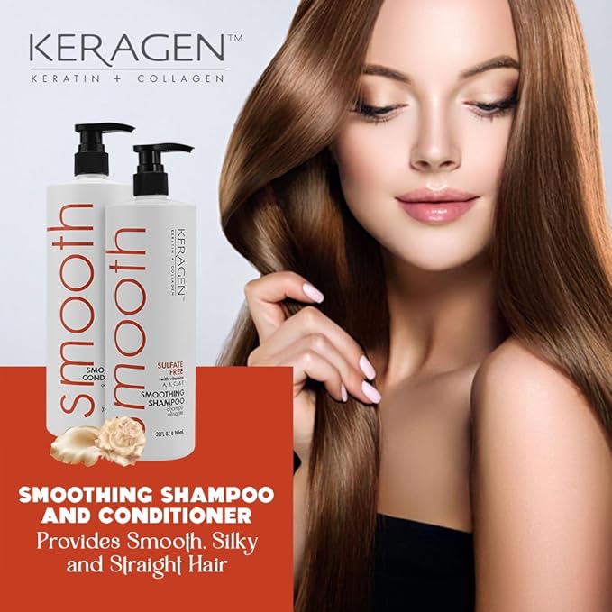 Keragen - Smoothing Shampoo and Conditioner with Keratin and Collagen for All Hair Types, Sulfate Free, 32 Oz - Moisturizes, Strengthens, Protects Color and Repair - Panthenol