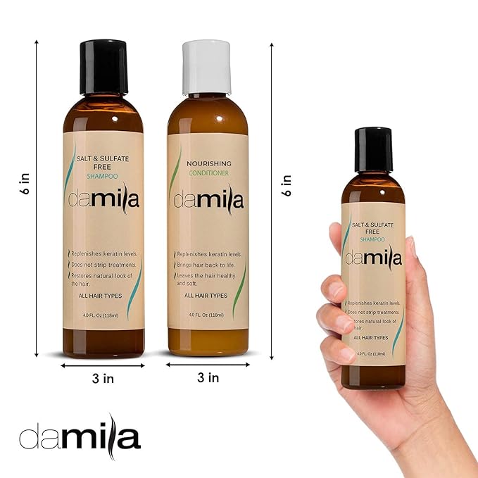 Damila Salt & Sulfate Free Shampoo & Conditioner for Keratin and Color Treated Hair - Professional Keratin Value Pack for Damaged, Frizzy, Curly, Dry & Thin Hair - Shampoo Sin Sal (4.0 Fl Oz)