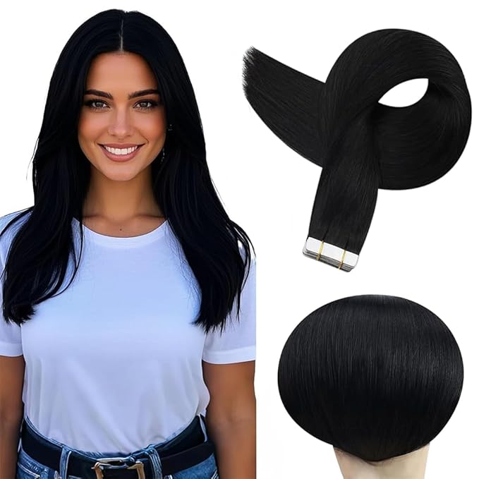 Tape In Hair Extensions 18 Inch Color #1 Straight Hair Extensions HuxoWax Double Weft VirgIn Soft And Silky Remy Invisible Natural Color