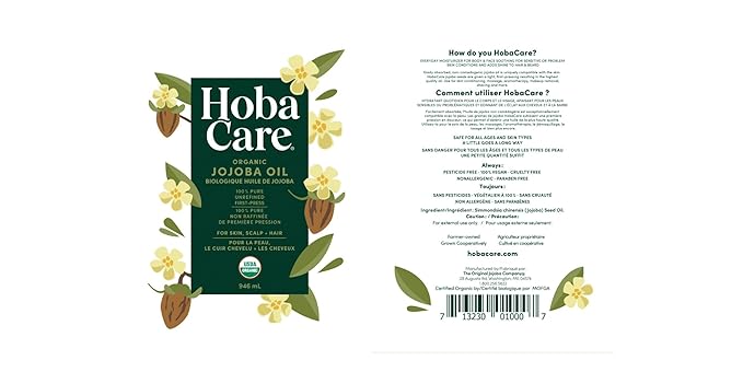 HobaCare Unrefined Organic Jojoba Oil for Skin Care, Hair, Beard, Scalp Massage - 100% Pure Carrier Oil for Perfume or Soap Making - Natural, Vegan, Cruelty-Free, Hexane-Free, Long Shelf Life (32 oz)
