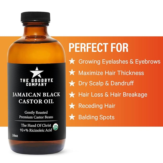 The Goodbye Company Black Castor Oil for Hair Growth – Organic, Cold-Pressed & Unrefined 100% Pure & Hexane-Free - Glass Bottle (450mL) Nourishing Oil for Eyebrow, Eyelash & Stronger Hair (16.9 oz)