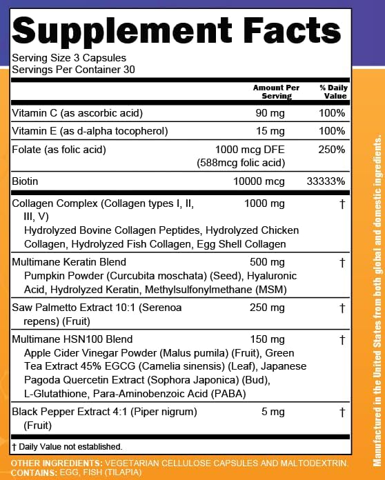 Clean Nutra Pumpkin Seed Oil Saw Palmetto Biotin Collagen Keratin MSM Folate Hyaluronic Acid Supplements B12 Zinc Hair Supplement for Women Men Iodine 5-MTHF B-12 Vitamin B9-60 Vegan Capsules Count