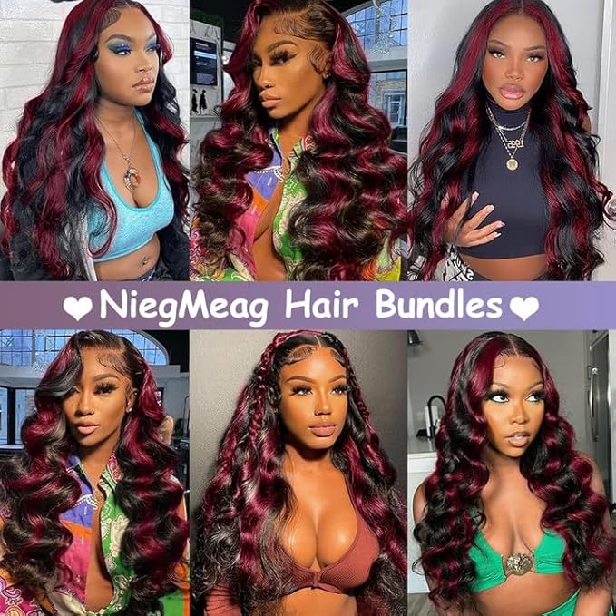 Highlight Human Hair Bundles Burgundy Body Wave Bundles 26 26 26 Inch 2 Tone Red and Black Bundle Grade 8A Peruvian Virgin Remy Hair Extensions