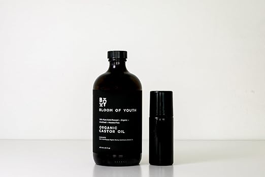Cold Pressed Organic Castor Oil Glass Bottle 16oz | With Empty 50ml European Glass Roller Bottle For Mess Free Application | For Hair Growth, Skincare, Castor Oil Pack, Face, Joints, Carrier oil, Body