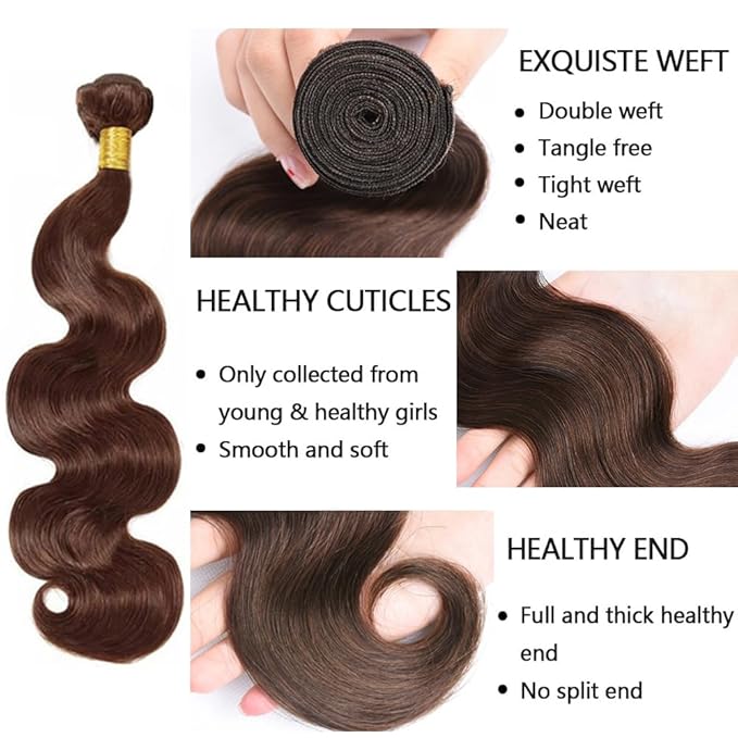 Color #4 Bundles Human Hair Brown Body Wave Bundle Niegmeag 22 24 26 Inch Chocolate Brown Human Hair Bundles Double Weft Color 4 Body Wave Bundle