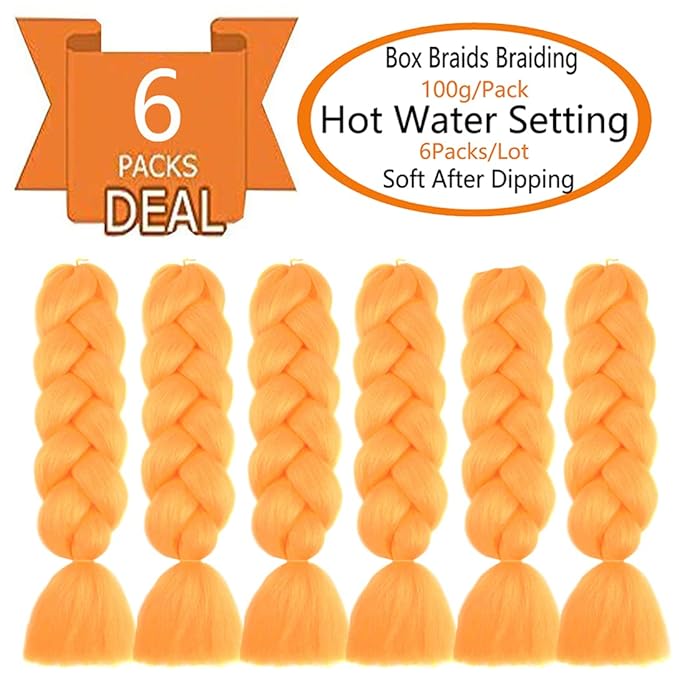 6 Packs Ombre Jumbo Braiding Hair Extensions 24 Inch High Temperature Synthetic Fiber Hair Extensions for Box Braids Braiding Hair (Orange)