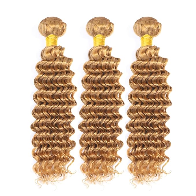 Blonde Bundles Color 27 Deep Wave Bundles 26 28 30 Inch Human Hair Double Weft Brazilian Virgin Remy Hair Honey Blonde Bundle Weave Silky and Soft