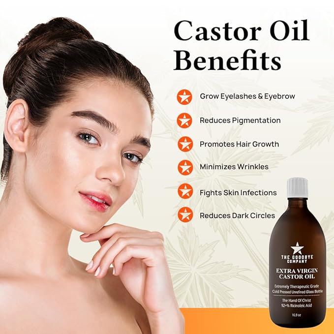 The Goodbye Company Castor Oil USDA Certified Organic Glass Bottle Pure Cold-Pressed(500 mL)100%Natural Virgin Castor Oil Unrefined Moisturise Skin Hair Growth Eyelashes,Hexane&BPA Free 16.90 Ounces