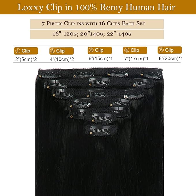 Loxxy 16 Inch New Version Thickened Double Weft Brazilian Hair 100% Human Remy Hair 9A Grade Black Human Hair Extensions Jet Black #1 120g 7 pcs 16 Clips