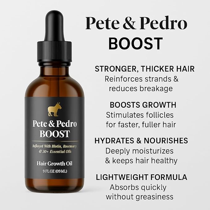Pete & Pedro BOOST Hair & Beard Growth Serum Strengthening Oil For Men & Women - With Rosemary, Biotin & 20+ Natural Essential Oils | Shark Tank Featured, 2 oz.