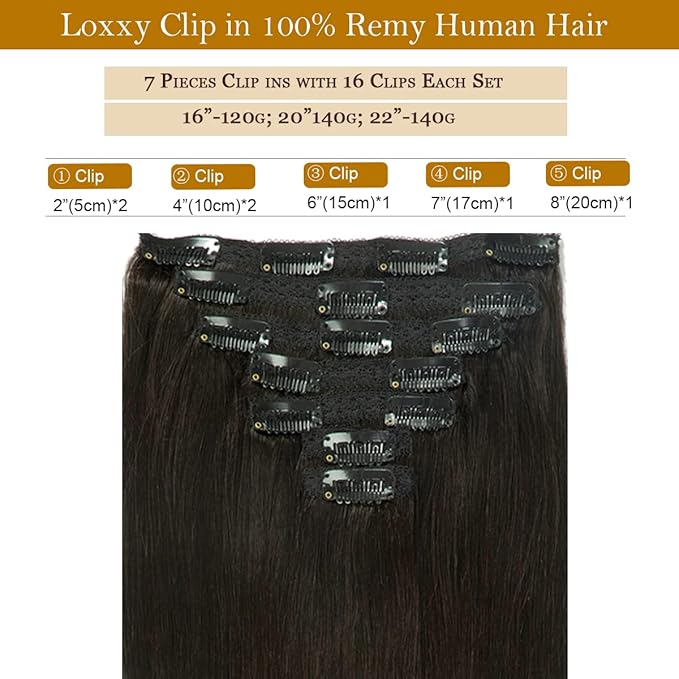 Loxxy 20 Inch Clip in Hair Extensions Human Hair Natural Black 9A Grade Brazilian Human Hair Extension Full Head Human Hair Extensions Clip in Remy Human Hair Color #1B 140g 7 pcs