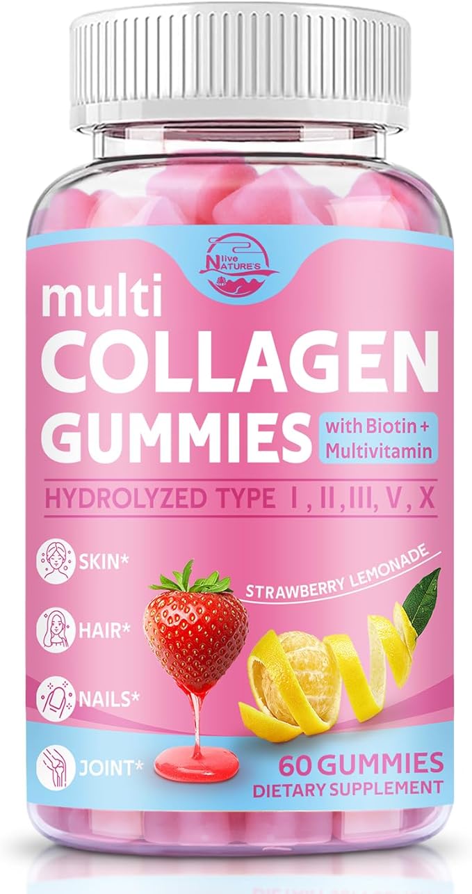 Multi Collagen Peptides Gummies, Type I, II, III, V, X - Hydrolyzed Collagen Peptides with Biotin, Hyaluronic Acid, Supports Healthy Skin, Strong Nails & Thick Hair, 60 Count, 1 Pack