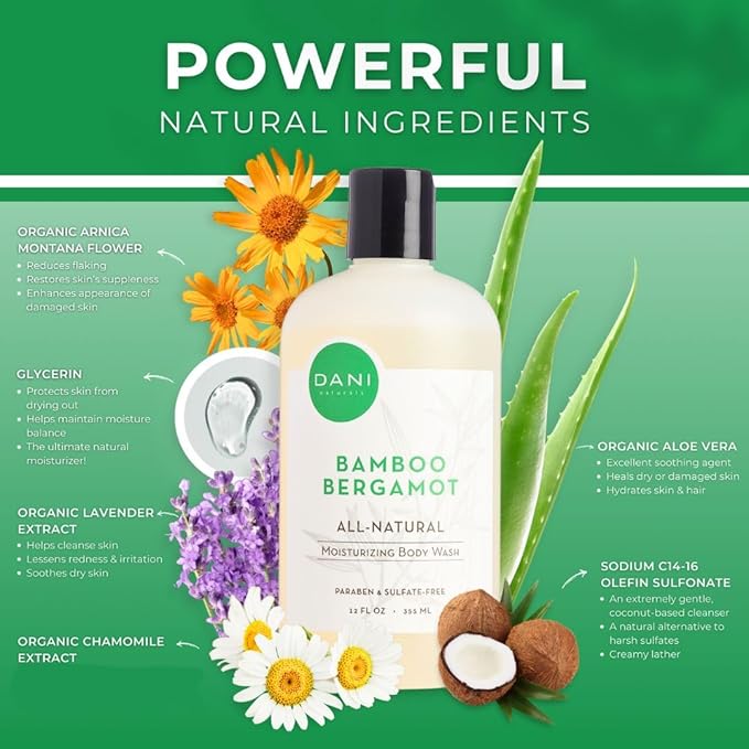 Naturals Moisturizing Body Wash - Refreshing Bamboo Bergamot Scent with Organic Aloe Vera & Natural Glycerin - Paraben & Sulfate-Free Shower Gel - For Men & Women - 12 oz - Vegan & Cruelty-Free