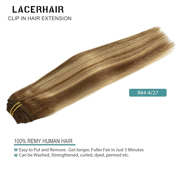 Lacer 22 Inch Highlight Chocolate Brown to Caramel Blonde Remy Clip in Human Hair Extensions Straight Balayage Real Natural Hair Extensions 140g 7pcs