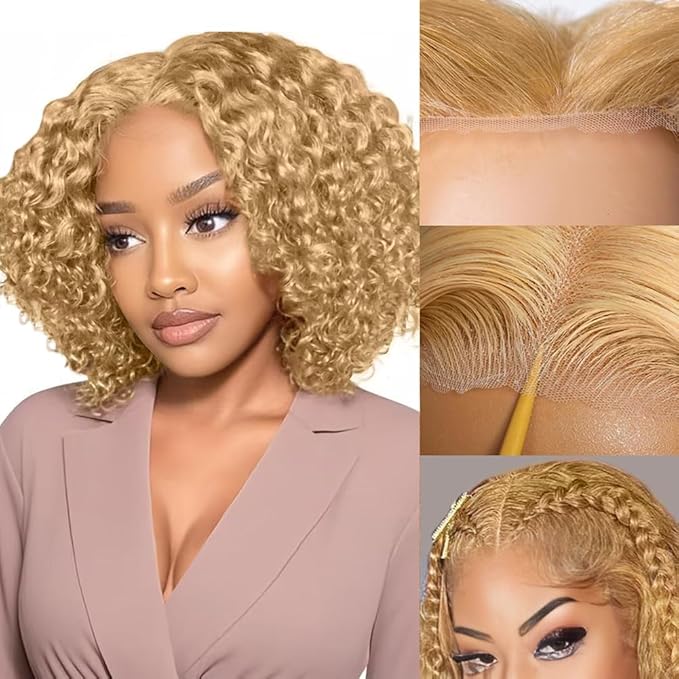 FABA Glueless Wigs Human Hair Pre Plucked Pre Cut Bob Blonde Curly Wig 7x5 Honey Blonde Deep Wave Wig Human Hair 180% Density Short Curly 12 Inch