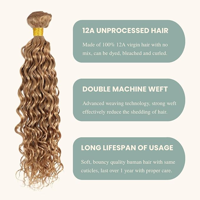 BQRIH #27 Honey Blonde Water Wave Bundles with 4x4 Closure Pre Plucked Human Hair 18 20 22+16, 12A Virgin Brazilian Curly Weaves Soft Bouncy Wet n Wavy Colored 3 Bundles with Transparent Lace Closure