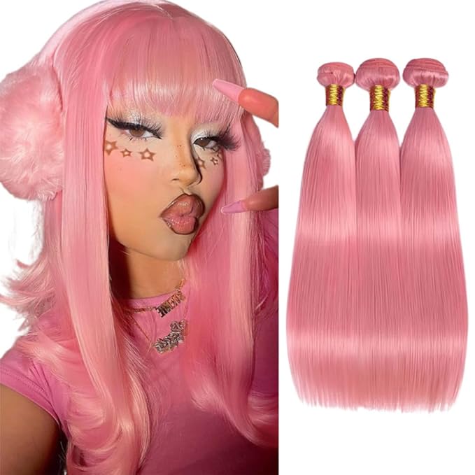 30 32 34 Inch Pink Straight Bundles Human Hair Pure Pink Bundles Niegmeag Hair Double Weft Grade 8A Brazilian Virgin Remy Hair Extensions For Woman 100g/Pc