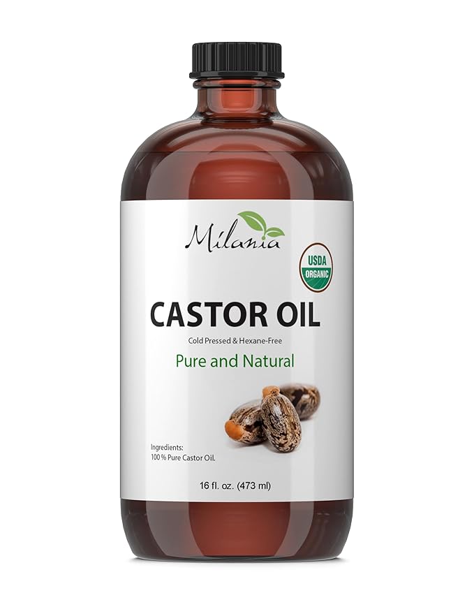 MILANIA Organic Castor Oil - Glass Bottle - Cold Pressed & Hexane-Free (16 fl. oz.)