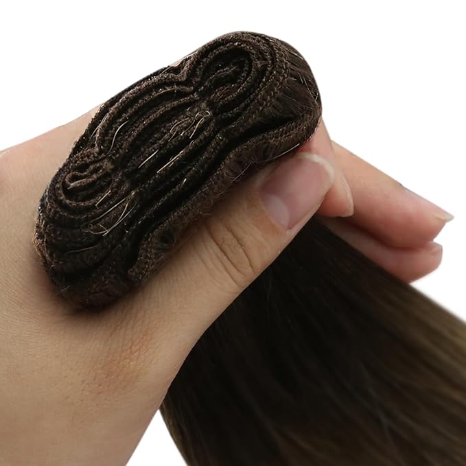YoungSee Sew in Hair Extensions Real Human Hair Ombre Blonde Weft Human Hair Extensions Dark Brown Base with Medium Ash Blonde and Light Blonde Highlights Sew in Extensions Human Hair 22Inch 100G